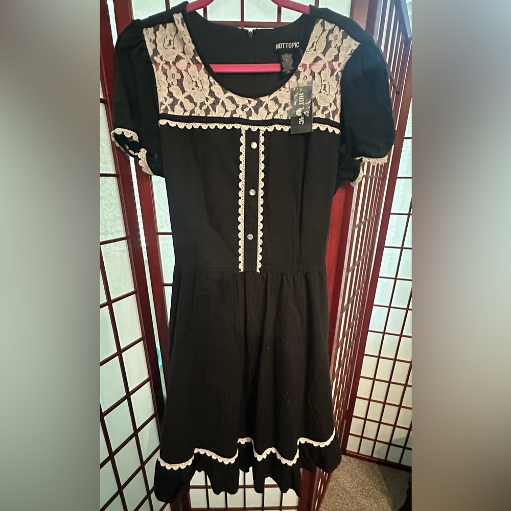 Hot Topic Black Midi Dress with Cream Lace Trim